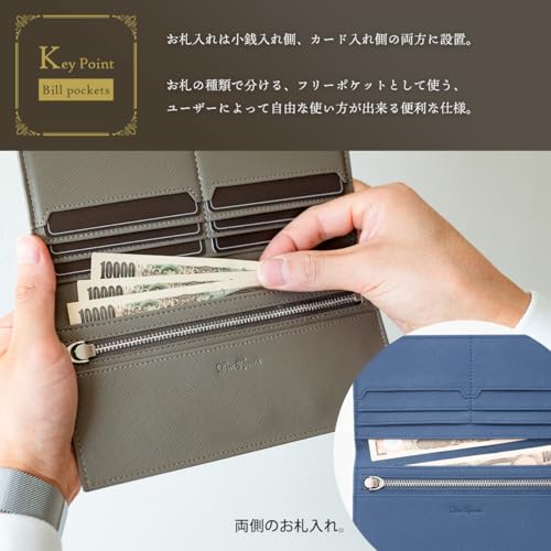 Dom Teporna Men's Long Wallet, Cowhide Leather, Ultra-Thin 1cm YKK Zipper, Coin Purse, Slim Wallet, Bill Compartment, Card Slots, Gray