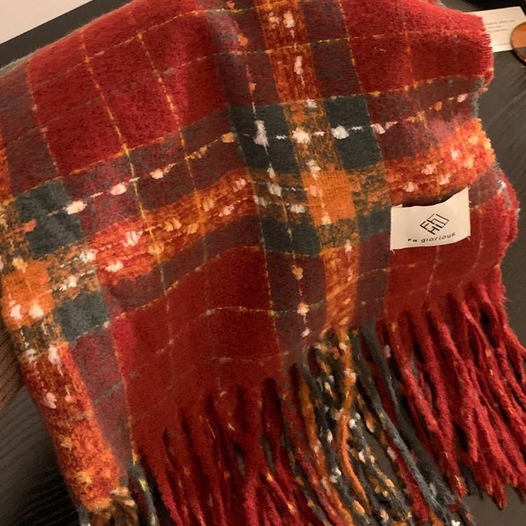 Red Plaid Fringed Scarf Women's Winter Korean Atmosphere Thickened and Kept Warm New Year's Christmas Scarf Student Shawl