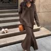 Autumn and Winter Women's Lazy Style Sweater Set Skirt V-neck Pullover Knitted Sweater Top Half Skirt Two-piece Set