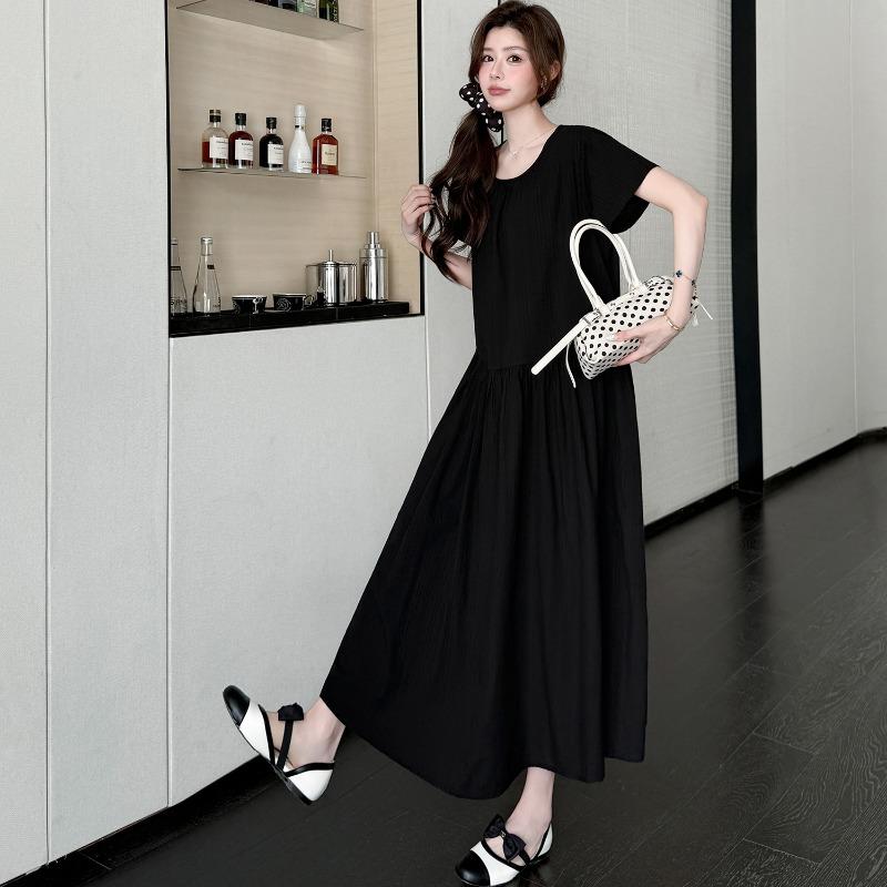 DIMANAF 2026 Summer New Plus Size Women Elegant French Style O-Neck Short Sleeve Cotton Maxi Long Dress Black