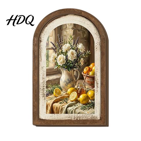 Floral Wall Art Decor Lemon Arched Decor Pastoral Flowers Wooden Sign Nordic Retro Arch Hanging Style Decoration for Home Kitchen Bedroom