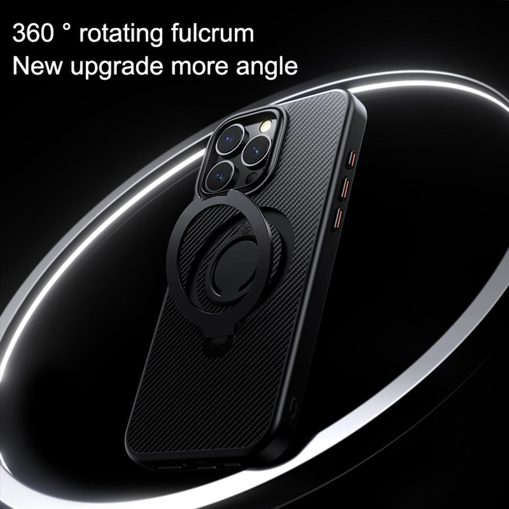 For iPhone 16 Pro Case Compatible with MagSafe Kickstand Carbon Fiber Texture PC+TPU Phone Cover with Silicone Ring