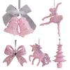 Pink Glitter Christmas Ornaments Acrylic Bow/Bell/Tree/Ballerina Hanging Decorations for Xmas Tree Holiday
