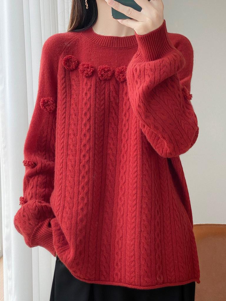 Pulover Croșetat Manual 100% Lână Pură pentru Femei, Gât Rotund, Umeri Căzuți, Mâneci Lanternă, Pulover Larg Versatil cu Model Floral Răsucit Tricotat