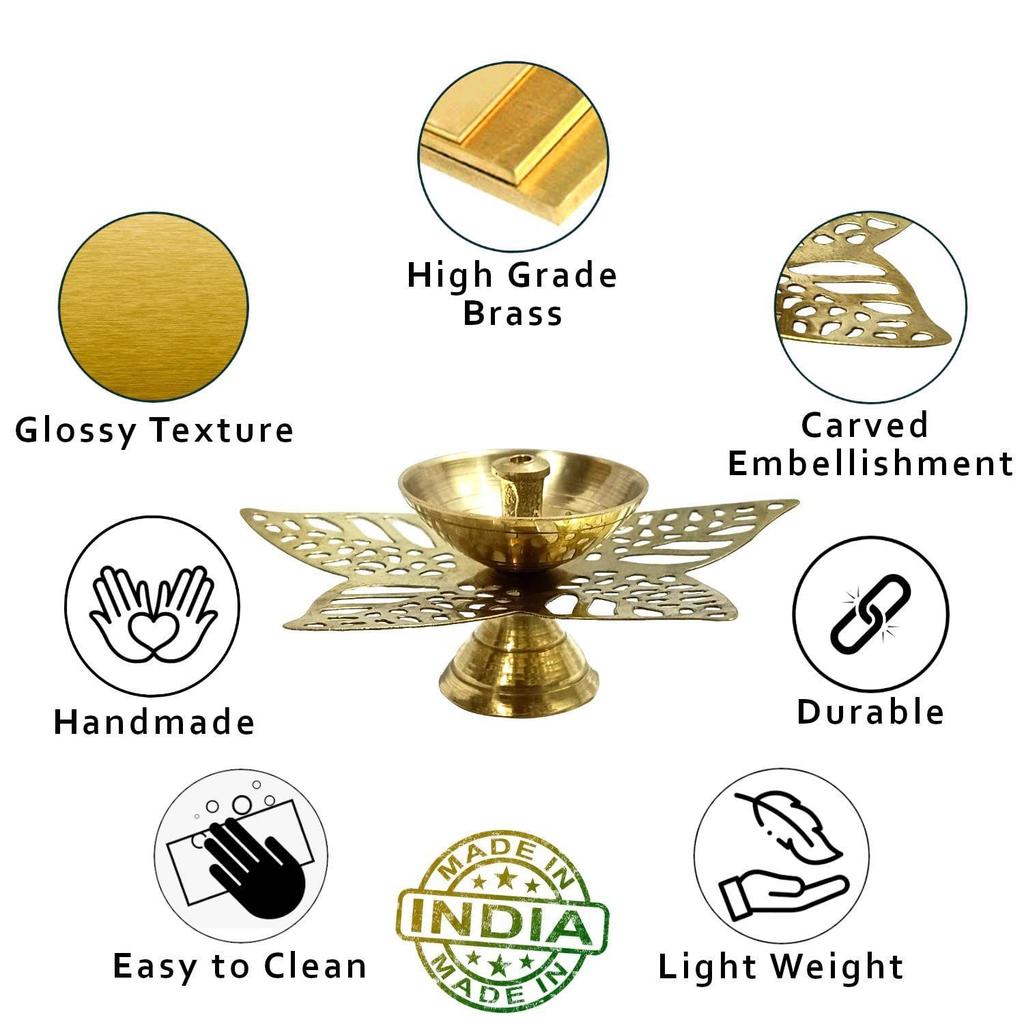 Decorative Brass Diya for Puja (Set of 1 Small 3.5inch Golden Star Leaf) Center Wick Holder Pital Akhand Deep Vilakku for Home Décor,