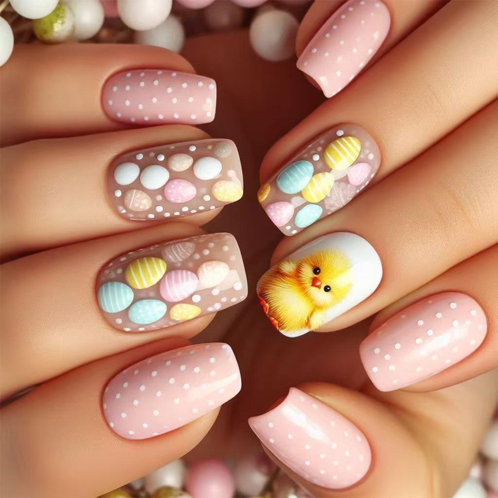 24pcs Square Press On Nail with Chick Pattern Short Artificial Nail Full Cover False Nail Manicure Nail Art for Women