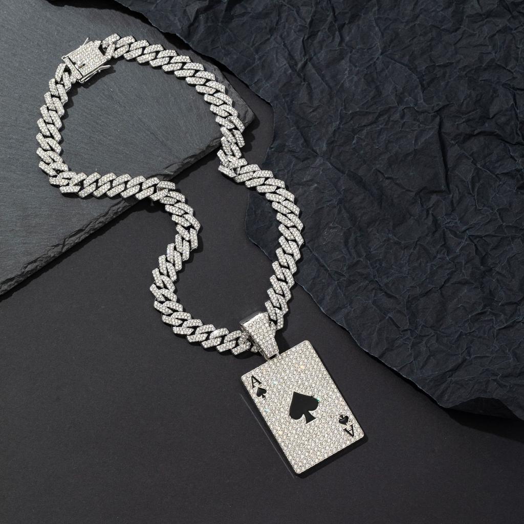 New Hip-hop Personality Diamond-encrusted Playing Card Pendant Necklace Pendant Street Rap Punk Cuban Chain