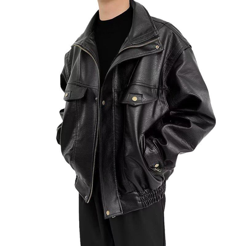 Men's Handsome PU Leather Motorcycle Jacket - American Retro Casual Loose Fit Parka.