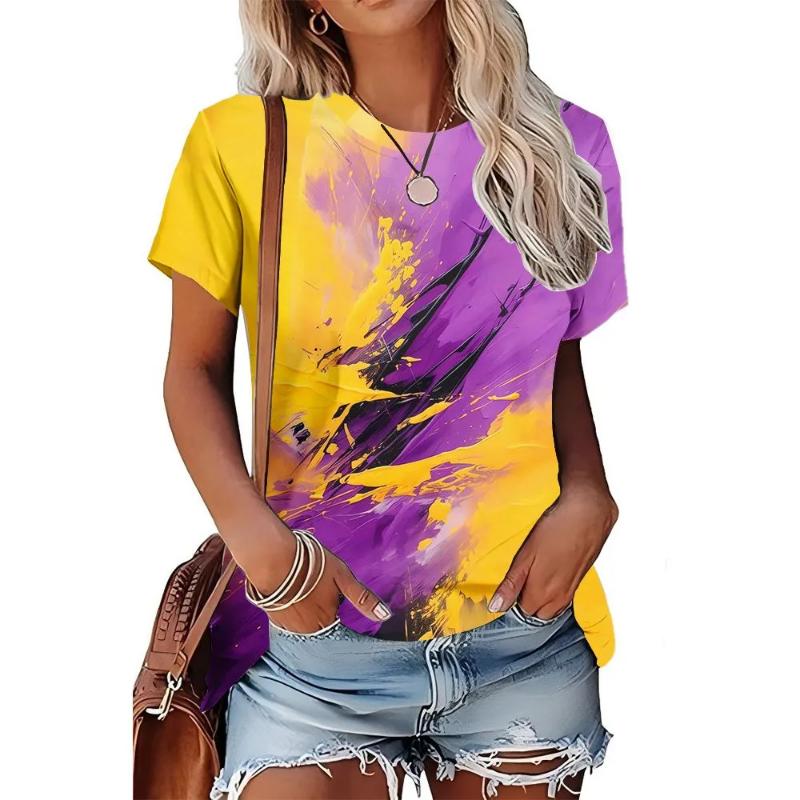 Modisches Damen Rundhals Kurzarm 3D Lässiges Farbprint Lässiges Kurzarm Rundhals T-Shirt