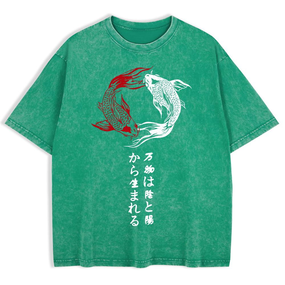 Japanese Koi Harajuku Printing Washed T-Shirts Mens Cotton Oversized T Shirt Summer Short Sleeve Tops O-Neck Clothes