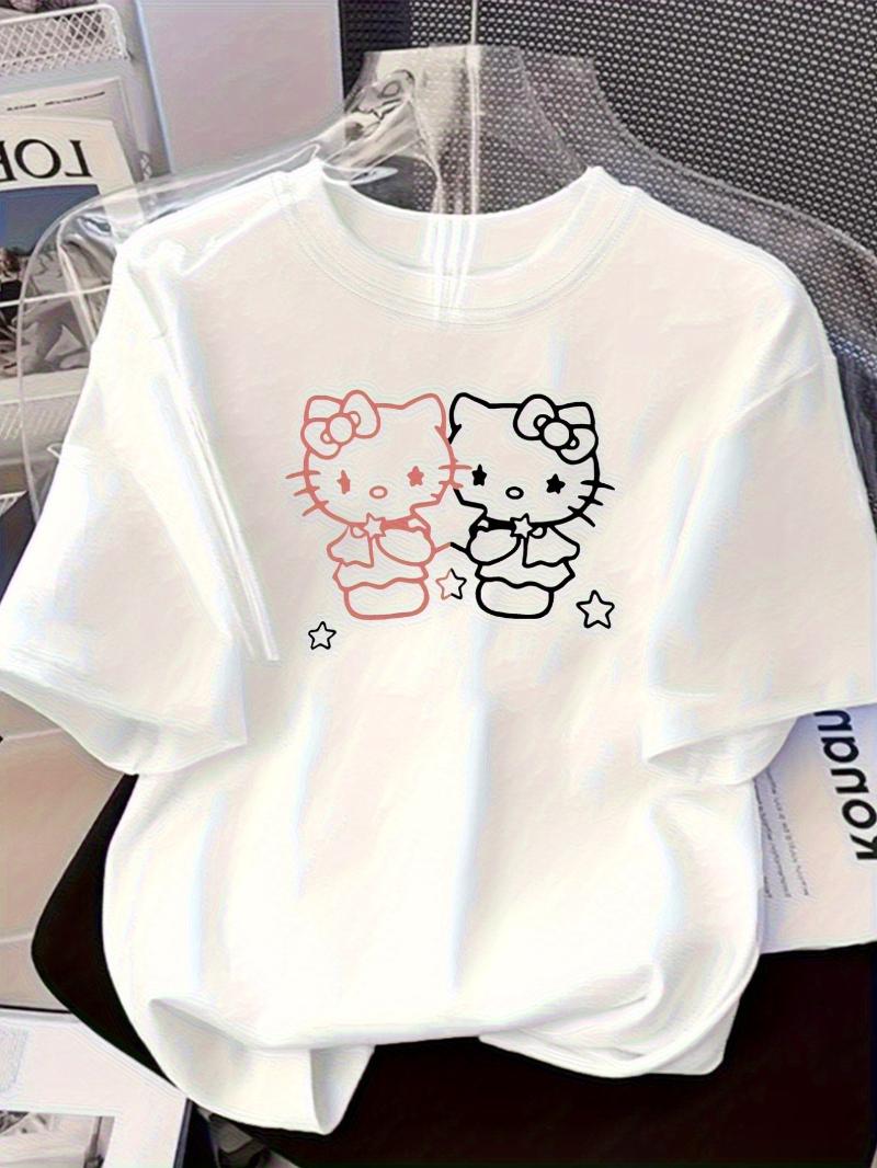 

Hello Kitty Unisex Womens Fashion Tshirt White Cute Anime Pattern Tshirt Red and Black Iconic Bow and Star Pattern S