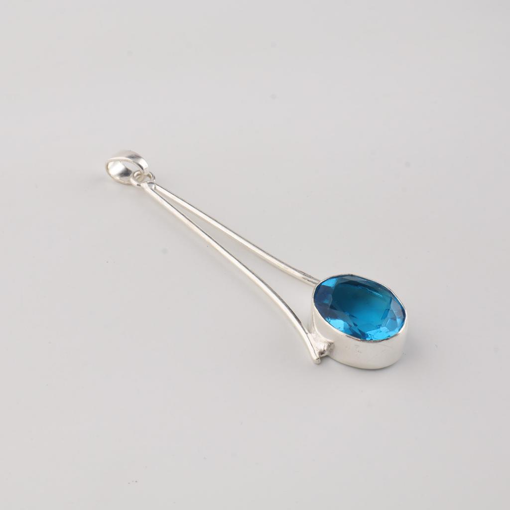 Swiss Blue Topaz Gemstone 925 Sterling Silver Handmade Jewelry Pretty Pendant 1.79" For Wedding Gift PP-69-6