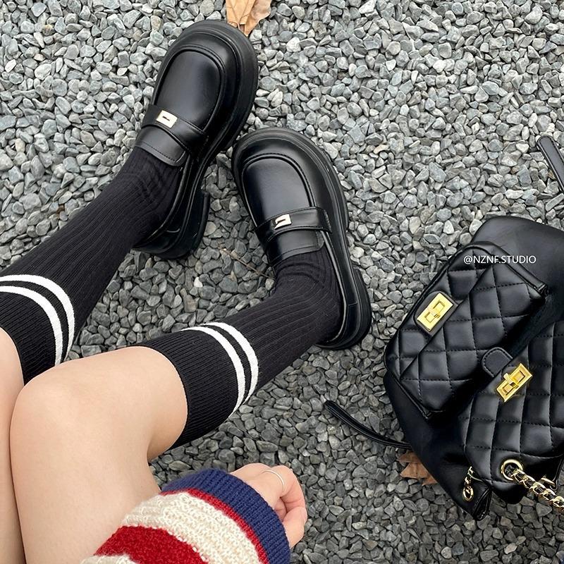 Cowhide version~ Black retro British style platform small leather shoes women's 2025 new autumn and winter heightening versatile loafers