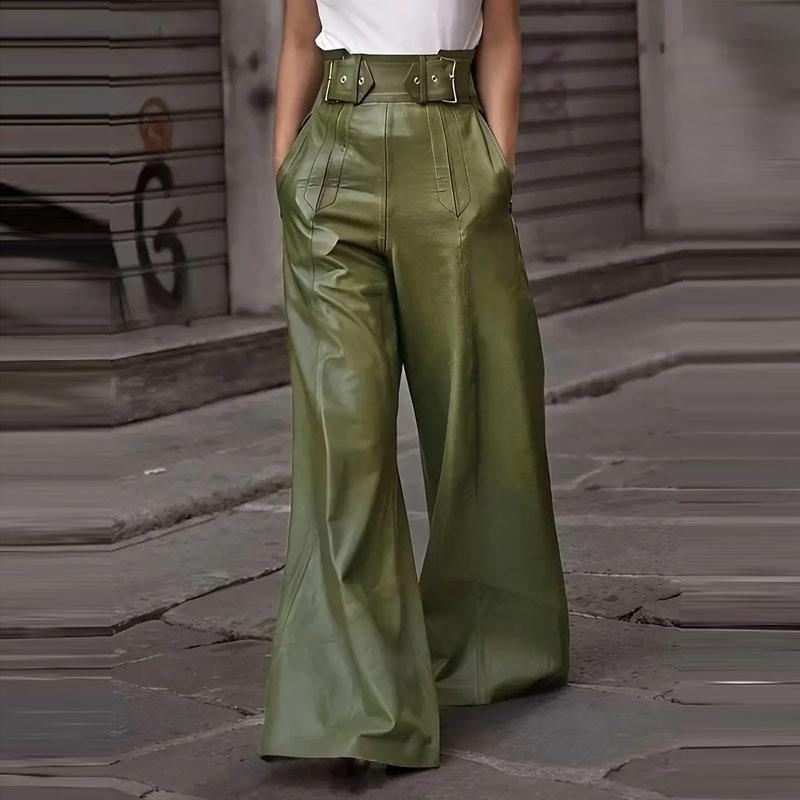 Pu Leather Women's Long Pant Solid Color High Waist Wide Leg Lady Trousers Pleated Pockets Belt Vintage Female Streetwears