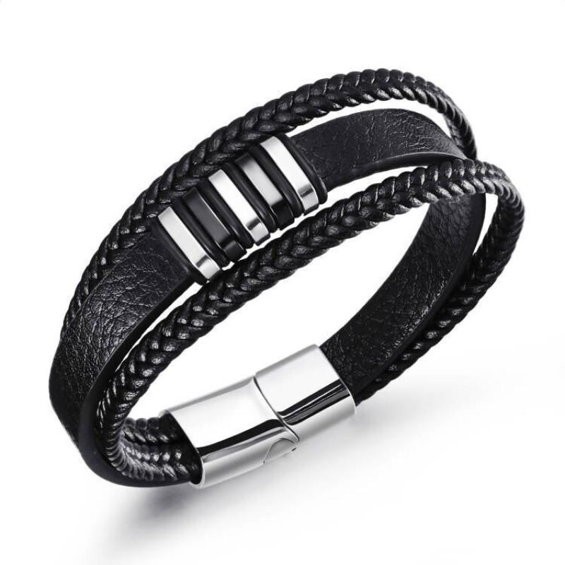 Mens Handwoven Leather Stainless Steel Bracelet Vintage Hip Hop Style Adjustable Length
