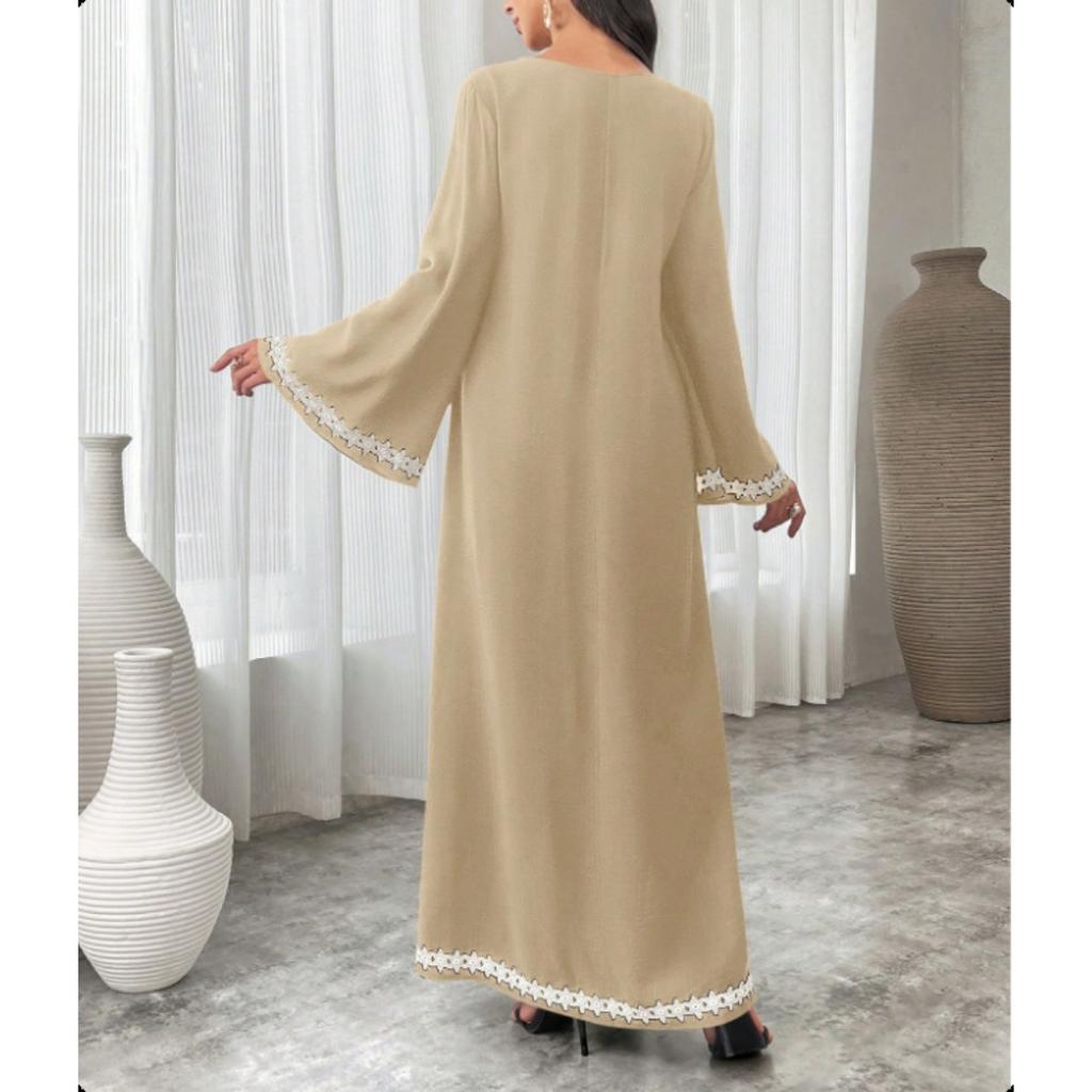 Patchwork White Lace Trim Crew Neck Split Flowy Midi Dress, Popular in Middle East Dubai for Women