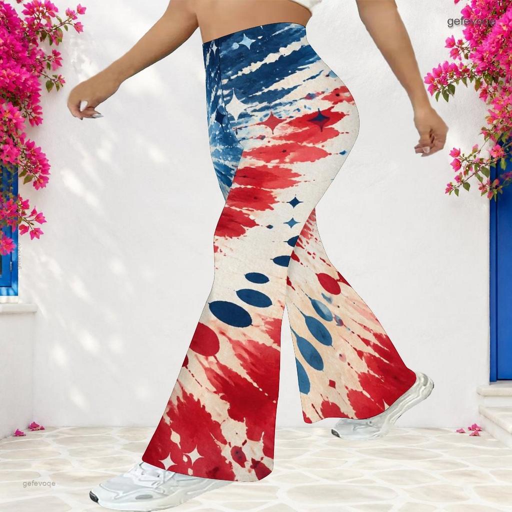 Women Plus Size High Waist Full Length Flared Pants Navy Blue Sparkle Starry Printed