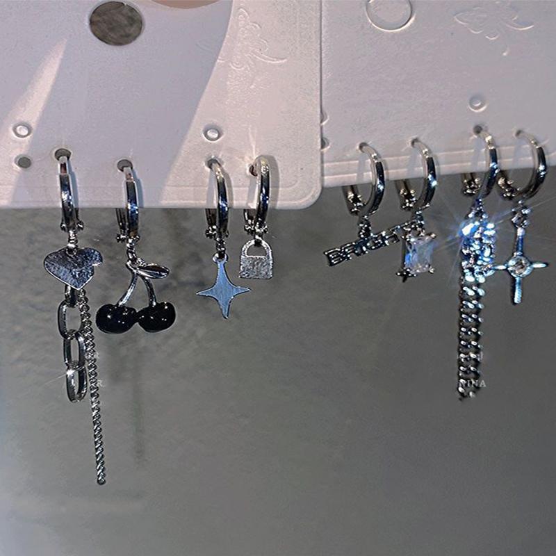 Punk Silver Color Metal Cherry Earring Heart Long Tassel Chain Y2K Irregular Bear Bowknot Hoop Earrings for Women Party Jewelry