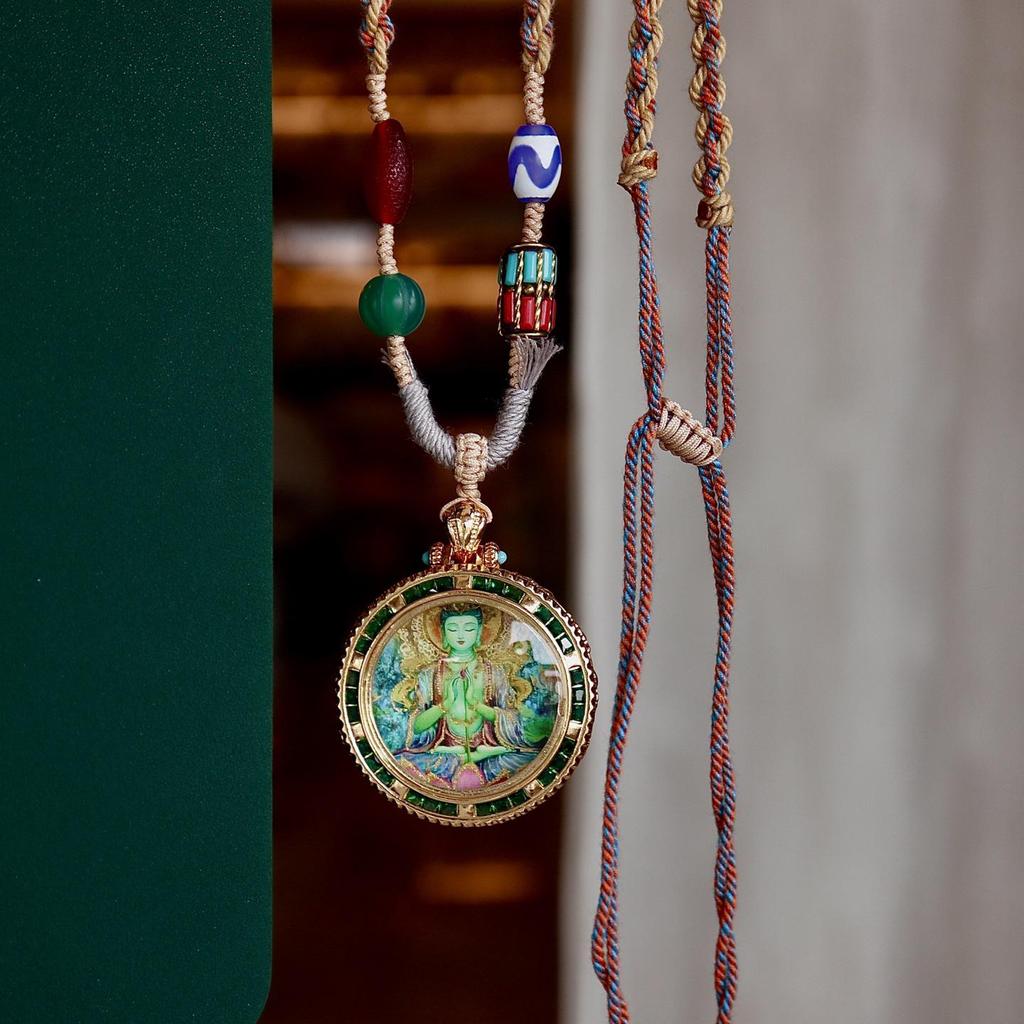 Qinghai Regong Green Tara Hand-painted Ethnic Thangka Pendant