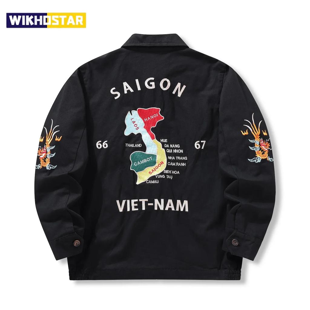 1960's Vietnam War Sukajan Vntage Tokyo Windbreaker Retro Bomber Work Tiger Japanese VIET-NAM Embroidery Map Souvenir Jacket Men