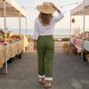 Women's Fashion Color Elastic Waist Pocket Lace Splicing Casual Straight Pants