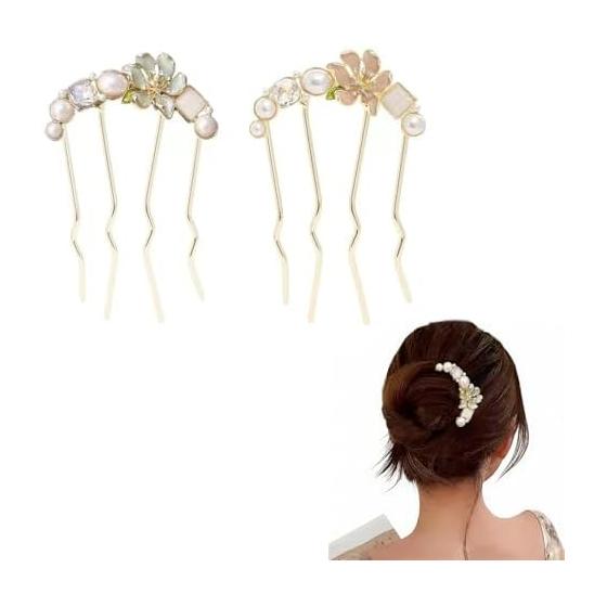 Evening hair comb [Set of 2] Pearl hair comb, pearl hair ornament, U-shape, hairpin, hairpin, thick hair, hair arrangement, easy, bun, Japanese
