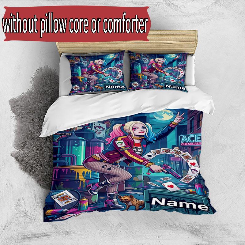 3pcs Duvet Cover Set (1*Duvet Cover + 2*Pillowcase, Without Core), Custom Name Harley Quinn Pattern Bedding Set, Home Bedroom Decor Gift