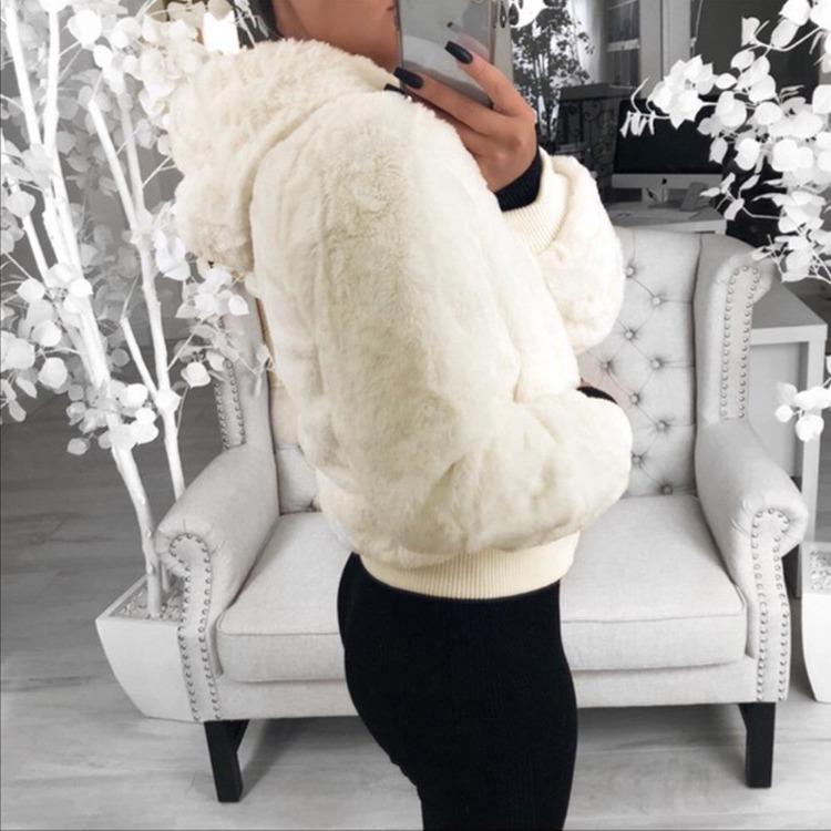 Women Bunny Fur Hooded Jacket Short Coat for Autumn Winter Female Fashion Outerwear