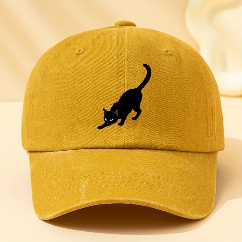 Classic European And American Style Black Cat Printed Baseball Cap for Men, Featuring a Washed Vintage Design, Adjustable Size,