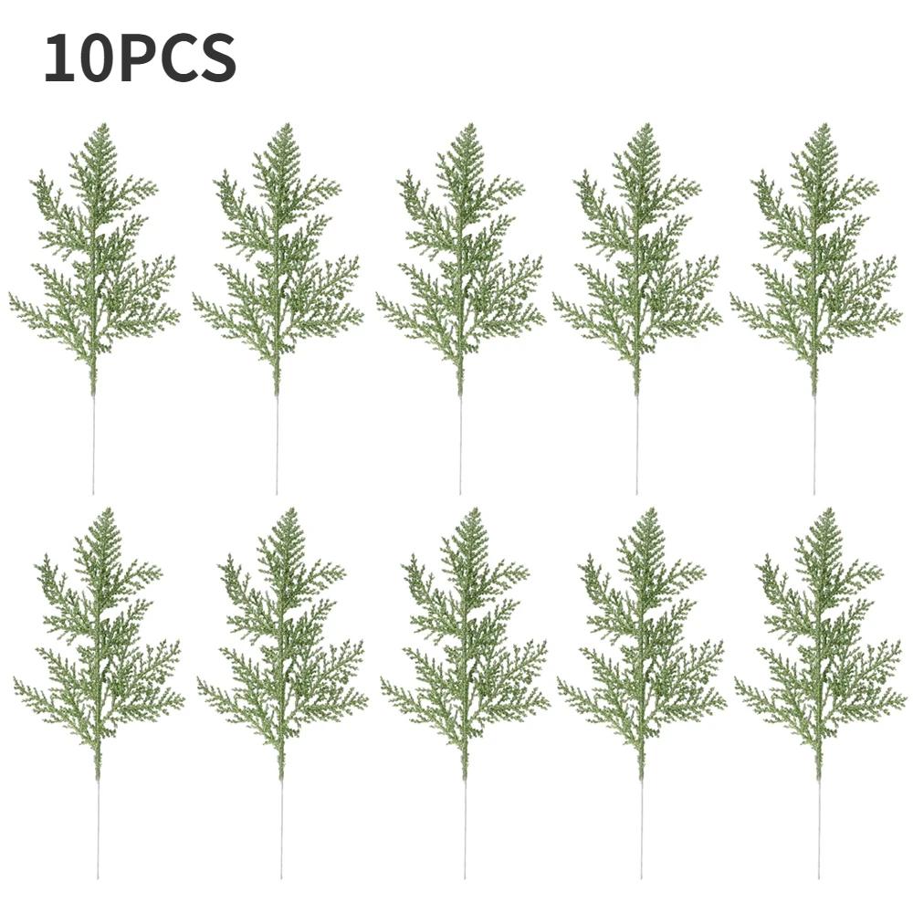 10/5Pcs Artificial Plants Pine Branches Christmas Glitter Gold Leaves Xmas Tree Decoration Pendant Christmas Home Decoration 10PCS Green