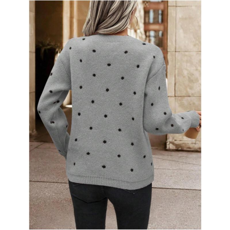 Women Loose Fit Long Sleeve Pullover Knit Sweater Polka Dot Jacquard
