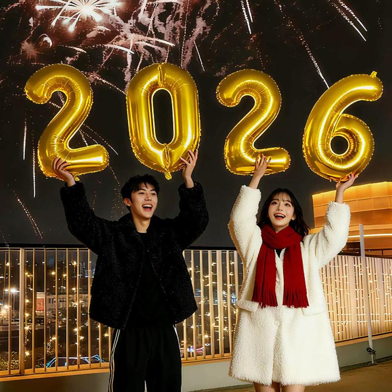 Happy New Year 2026 Balloons Gold Silver Pink Black Number 2026 Foil Balloons 16/32/40in Multicolour Happy New Year Banner
