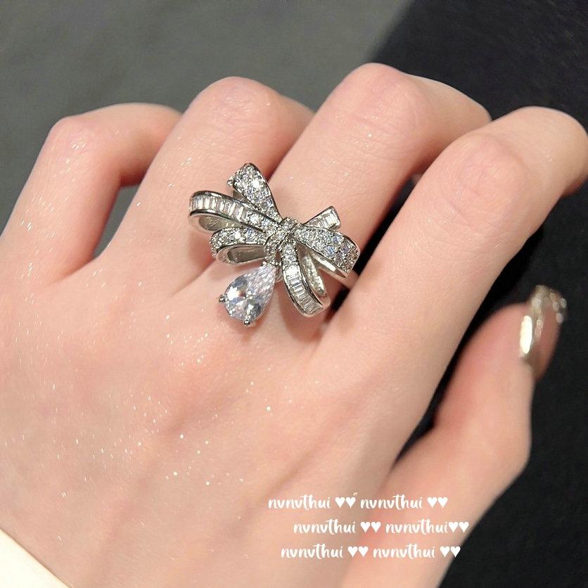 Princess On The Run Bow Gemstone Ring, Rich Daughter Gold, 18K Gold Plated, Butterfly Water Drop Zircon Earrings Combination