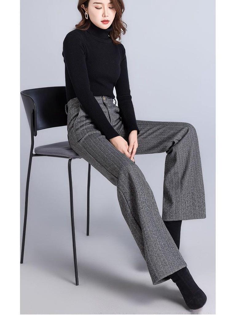 Women's High-Waisted Woolen Herringbone Wide-Leg Trousers, Plus Size, Thickened for Autumn/Winter 2025