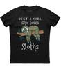 Just A Girl Who Loves Sloths Funny Short Sleeve Unisex Black Cotton T-Shirt