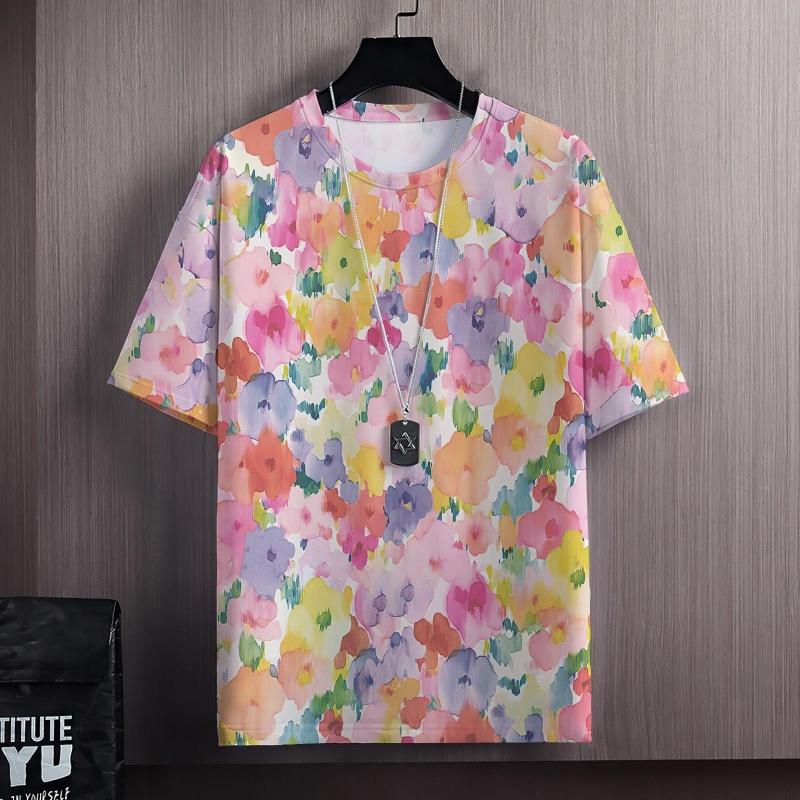 Colorful Flowers Clusters 3D Print T Shirt For Men Grass Plant Pattern Tees Summer Casual Short Sleeve Tops Round Neck T-Shirts