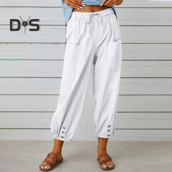 

Женские брюки с регулируемым шнурком, эластичные шаровары с высокой талией, однотонные широкие брюки с карманами, уличная одежда S синий