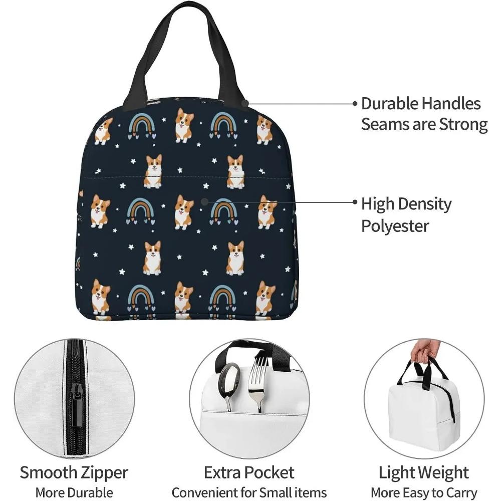 Black Boho Rainbow and Corgi Lunch Bag Cute Corgi Print Insulated Lunch Box Container with Frond Pocket for Work Picnic Travel