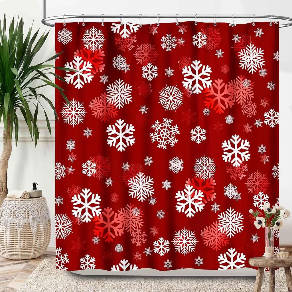Red Christmas Shower Curtains,Winter Snowflake Xmas Green Pine Trees Branches Snow Scene Happy New Year Waterproof Fabric