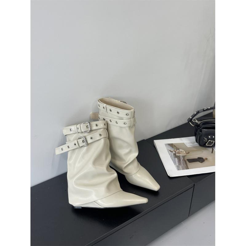 Trendy Fried Street! European and American Sexy Babes White High-heeled Short Boots Women's Belt Buckle Rivet Babes Pointed Trousers Boots