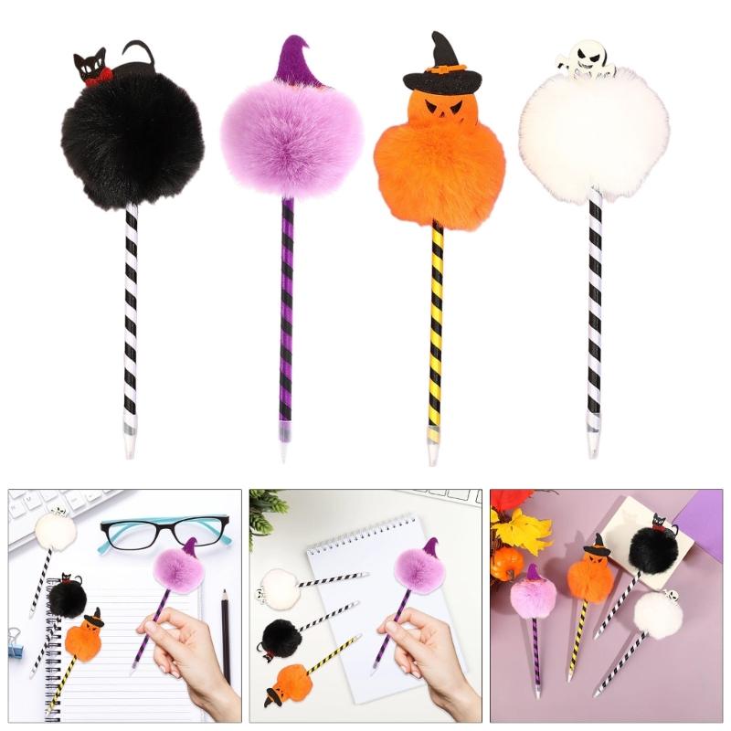 6 Pcs Halloween Pen Pumpkin Ballpoint Pen Smooth Writing Pen 0.7mm Oil Pen Pompoms Ballpoint Pen School Office Supplies