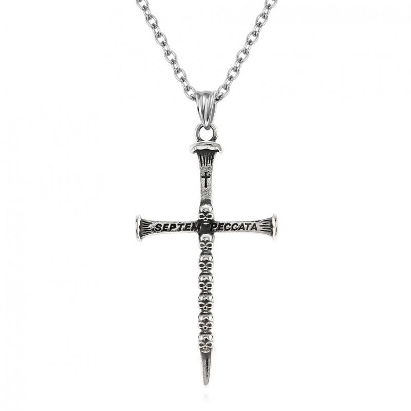 Punk Personality Retro Dark Style Skull Seven Deadly Sins Titanium Steel Cross Ghost Head Necklace Pendant