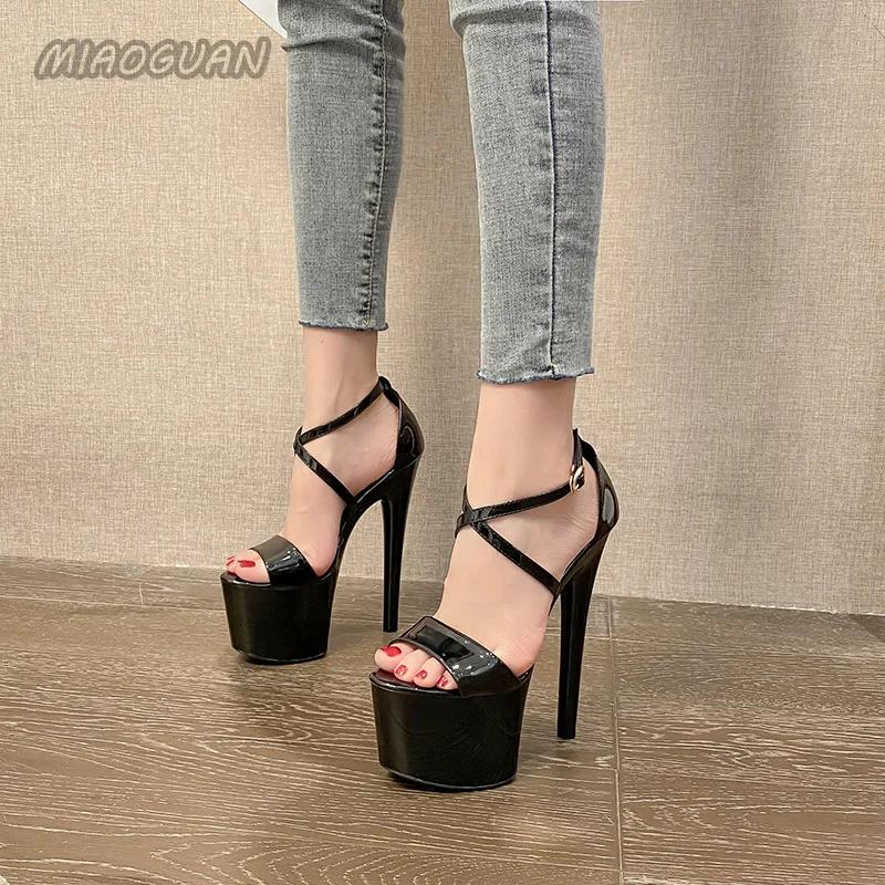 Fashion Summer Fashion Platform Cross-Tied PU Modern Sandalias Peep Toe 17cm High Heels Sandals Women 2024 Classics Rome Solid Black