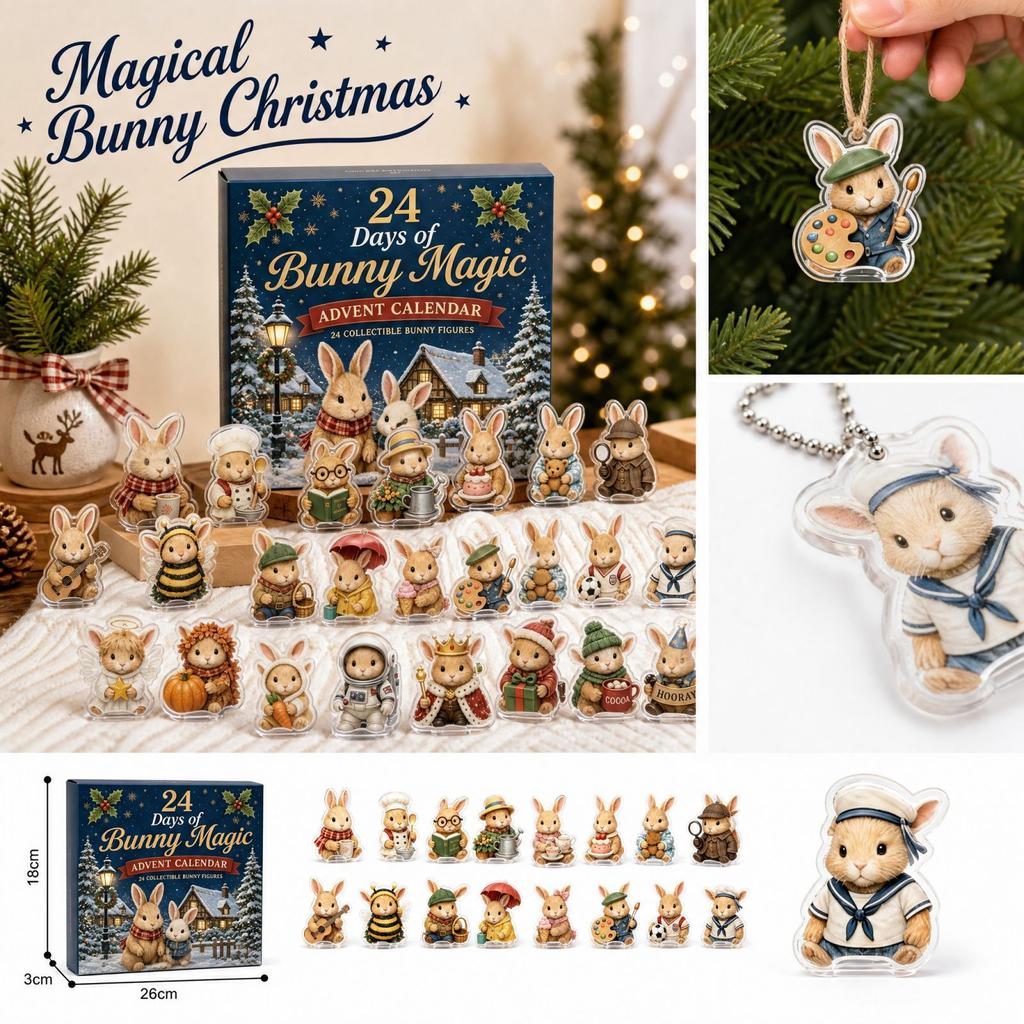 Flat Acrylic Bunny Advent Calendar with Cute Pendant Charm Ornaments for Christmas Countdown