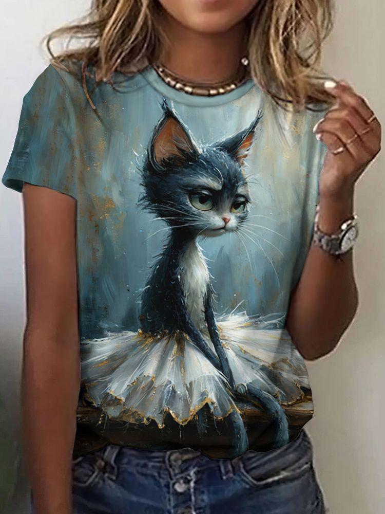 Summer Cute Cat Dances Ballet T-Shirts 3D Print Women Men Short Sleeve Round Neck T Shirt Tees Harajuku Y2K Tops Unisex Clothing