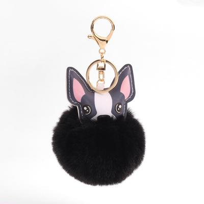 Bulldog Pom Pom Keyring (Black) Bag Decoration Car Perky Ring