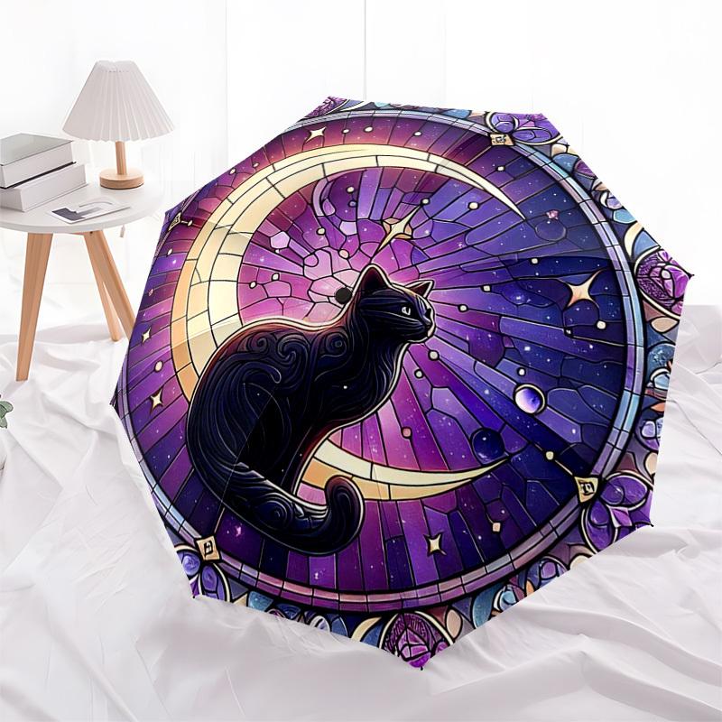 1pc Stained Glass Cat Moon Auto Open Close Umbrella, Portable Tri-Fold Design with 8-Bone Iron Frame, Outdoor for Fans, Travelers, Daily Use, Festive