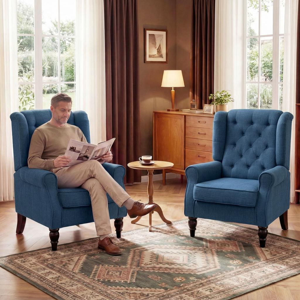 Lounge Chair, Upholstered Armchair, Wooden Legs, 74 x 86 x 102 cm, Blue