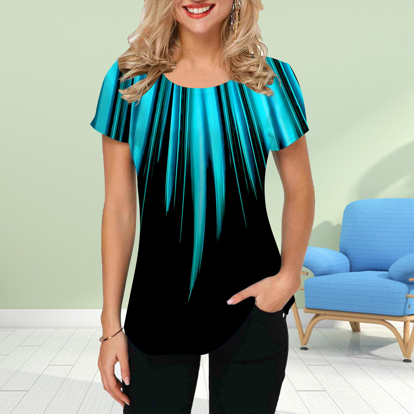 

Fashion Women Radiation Column Print T Shirt Funny Casual O-neck Short Sleeves T-shirt Summer Female Tee Shirt 8XL світло-синій колір