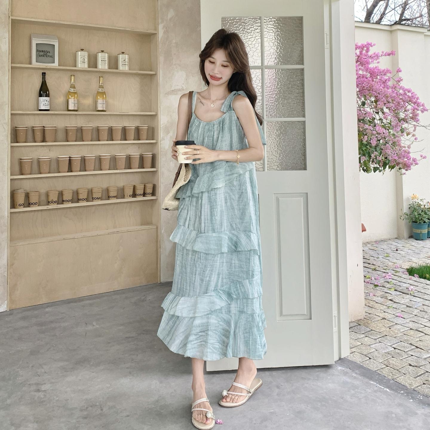 Women’s Lake Blue Ruffle Dress, Spaghetti Strap Lightweight A-Line Summer Vacation Outfit S